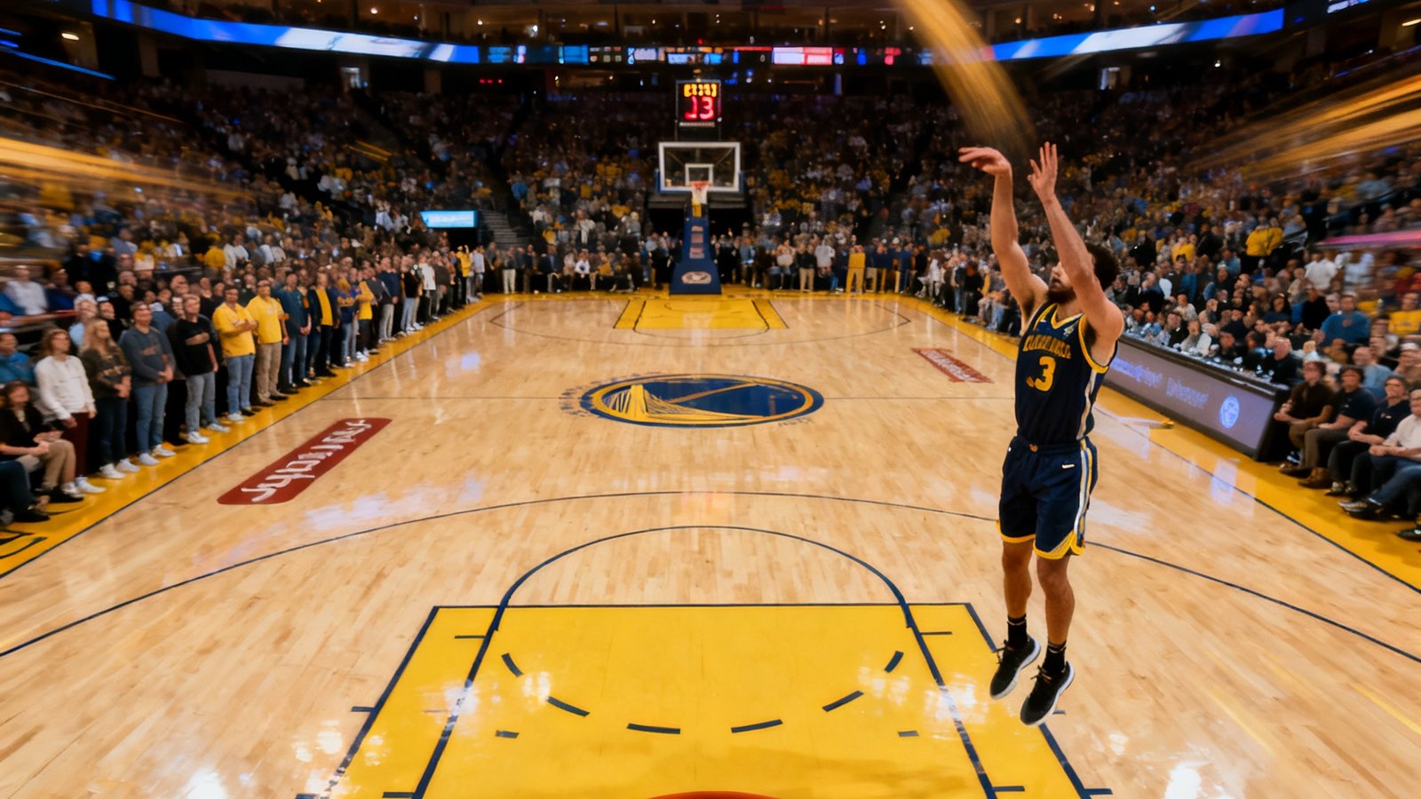 NBA总决赛第七场最后时刻，一名球员在三分线外跳投出手，球在空中划出弧线，全场观众屏息站立，计时器显示0.3秒